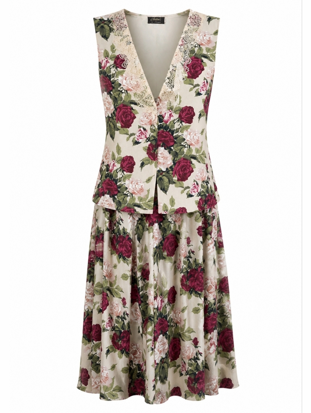 Vintage  90s Floral 2 Piece Set Lace Vest Elastic Waist Skirt Cottagecore Prairi